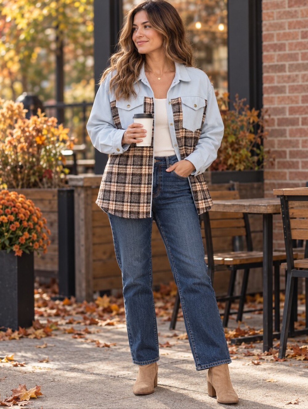 A.C.G. Los Angeles Medium Plaid Denim Mixed Media Shacket Snap Front